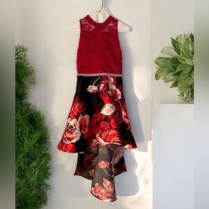 Kids Red and Black Floral Dress with lace top & clear Rhinestone trim on waist